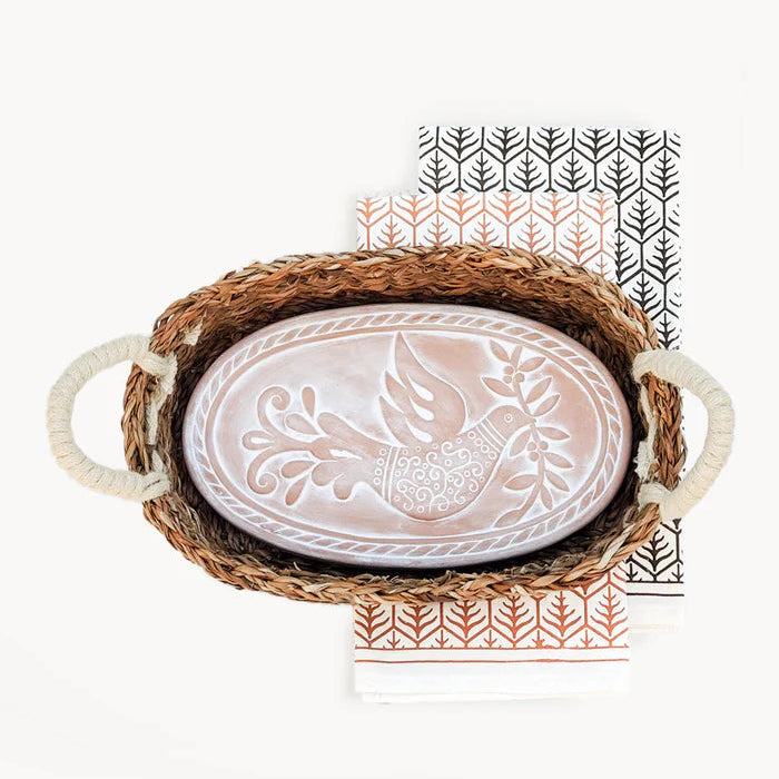 Bread Warmer & Basket with Tea Towel Oval Gift Set