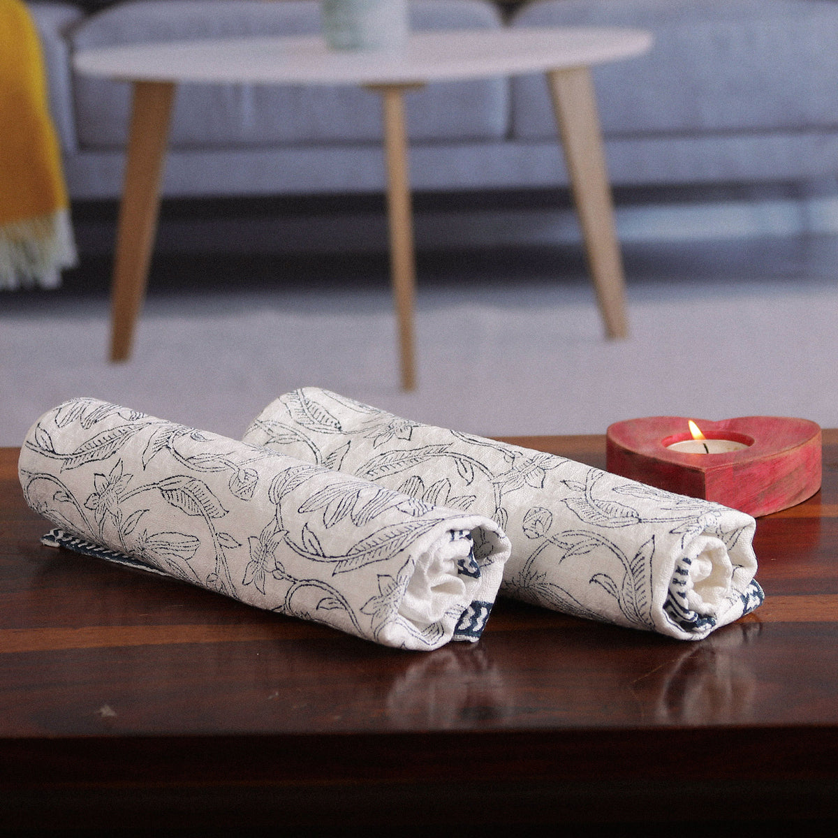 Pair of Hand-Block Printed Floral and Leaf Cotton Dish Towels