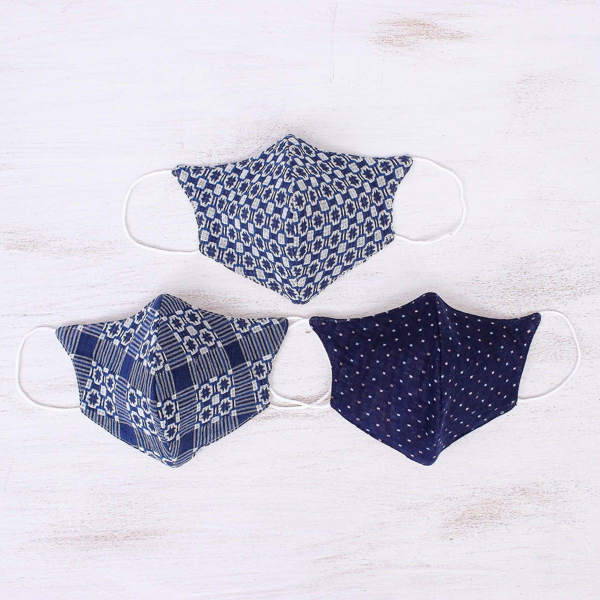 Cool Thai Blues - Handmade White & Navy Blue Cotton Face Masks