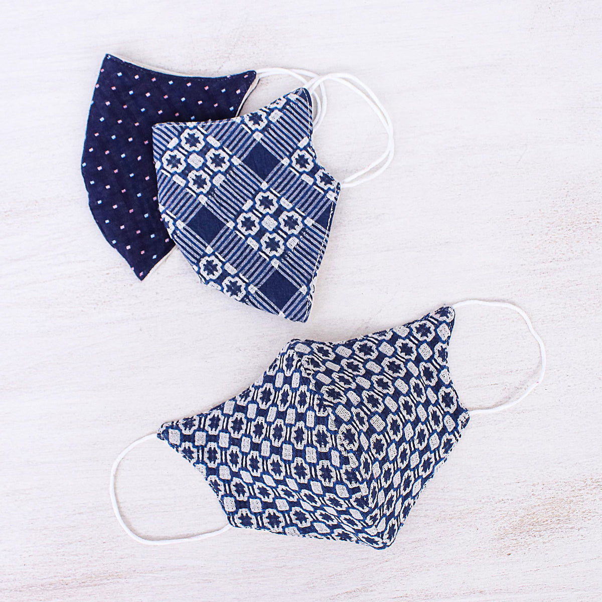 Cool Thai Blues - Handmade White & Navy Blue Cotton Face Masks