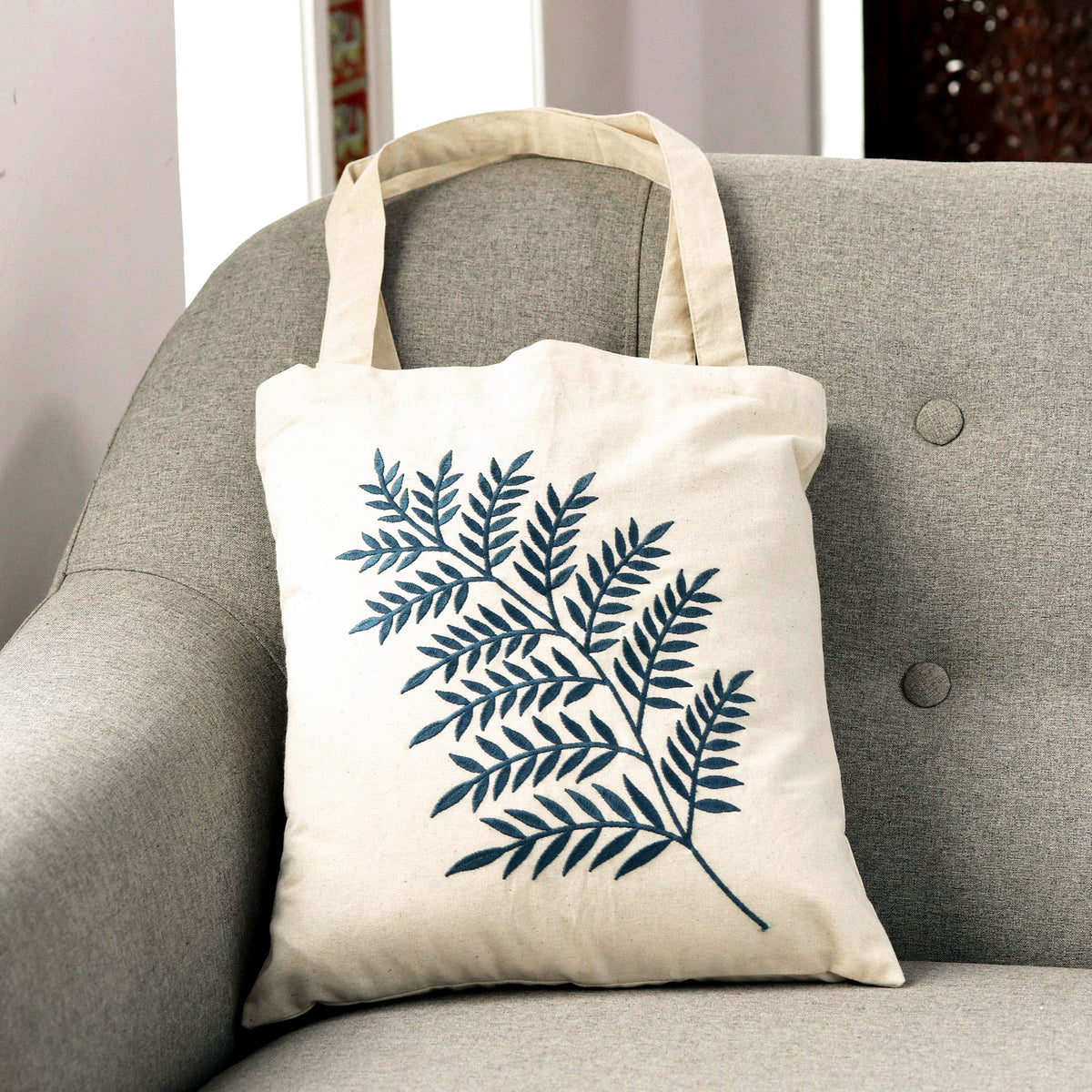 Ferny Frond in Azure - Azure Fern Pattern Embroidered Cotton Shoulder Bag