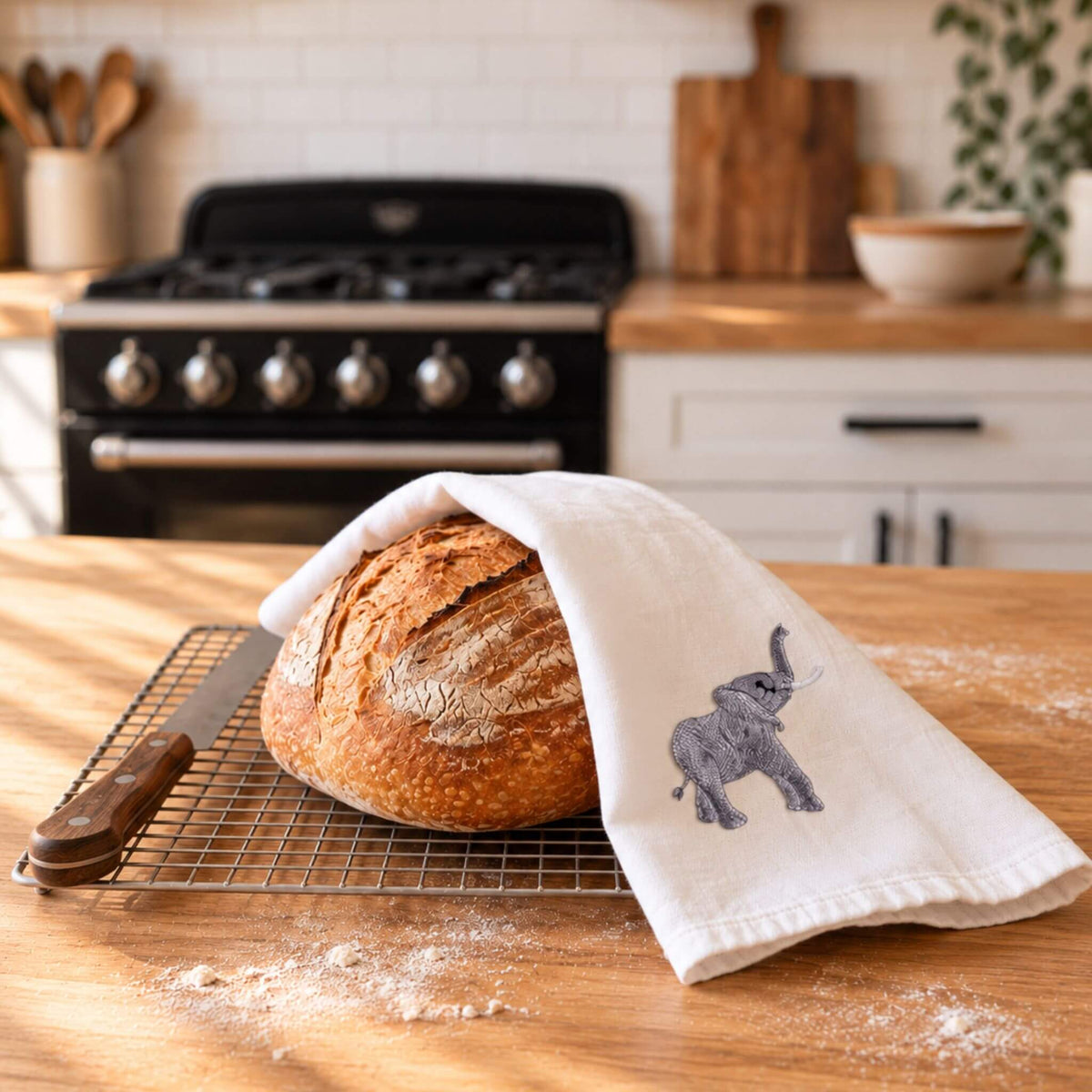 African Wildlife Embroidered Tea Towel, Baby Elephant