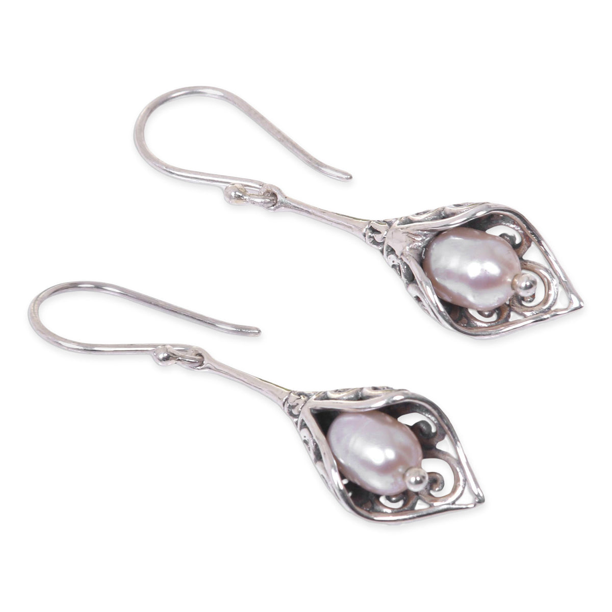 White Calla Lily - Balinese Cultured Pearl Earrings Crafted of Sterling Silver