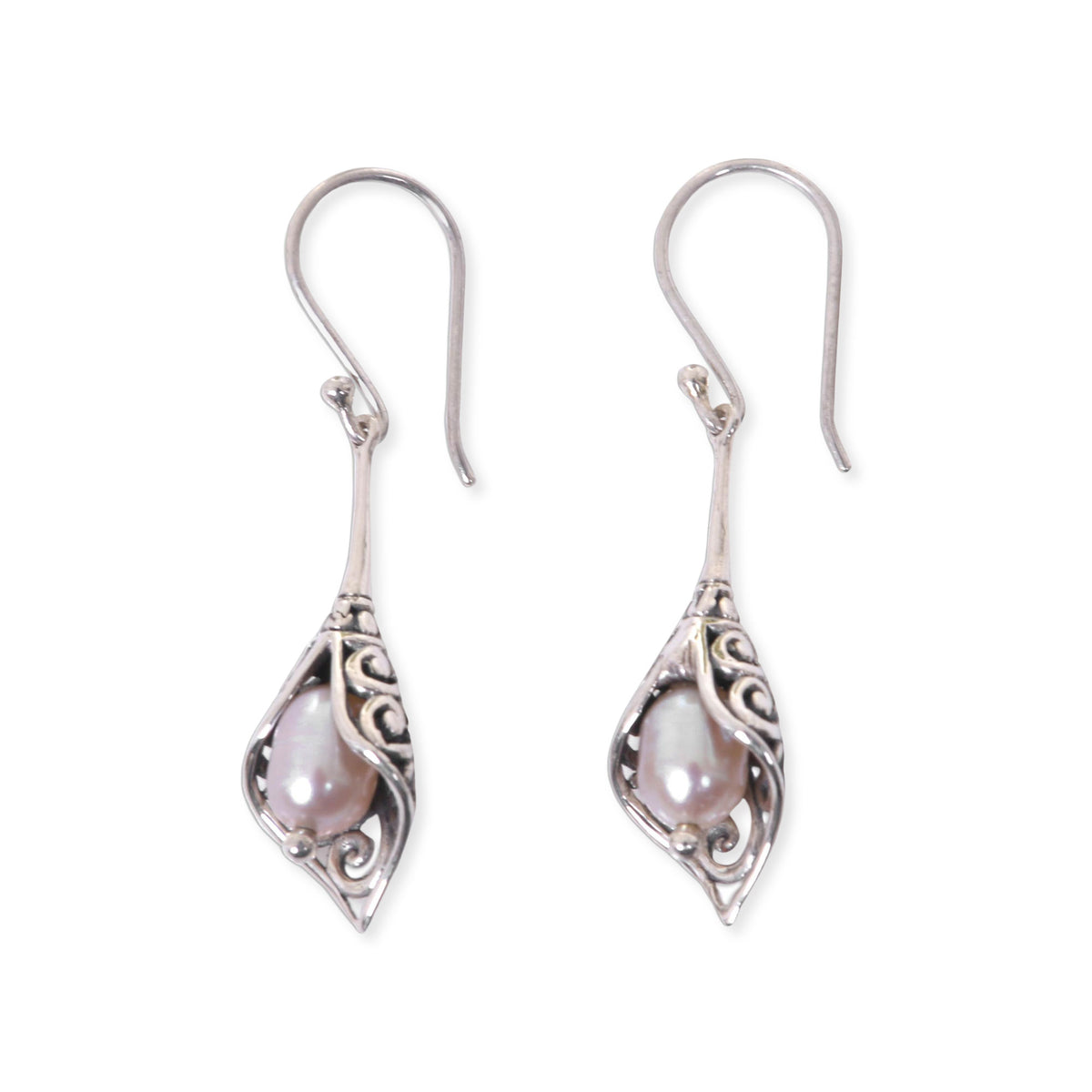 White Calla Lily - Balinese Cultured Pearl Earrings Crafted of Sterling Silver