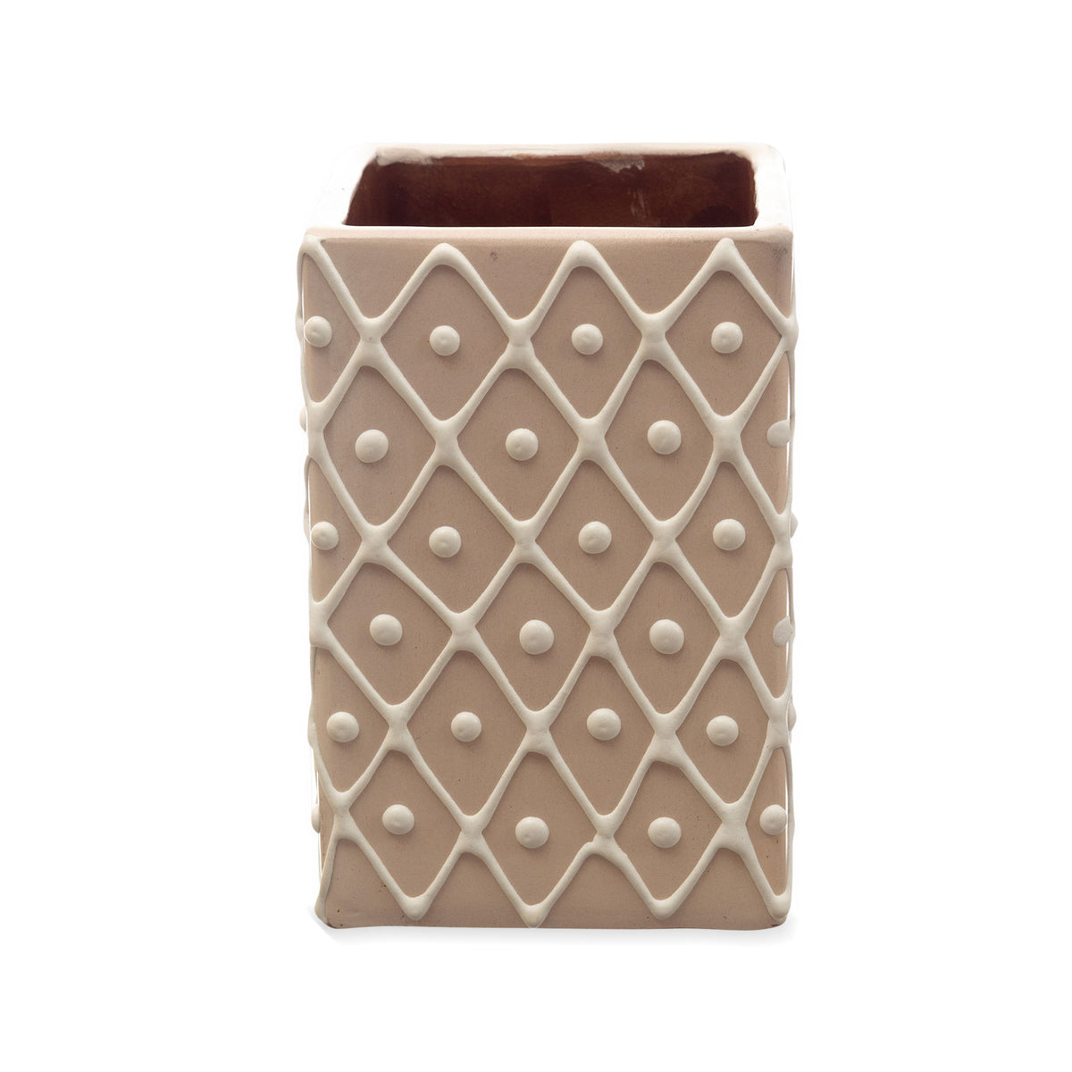 Oneiric Vibes - Beige and White Ceramic Flower Pot with Diamond Pattern