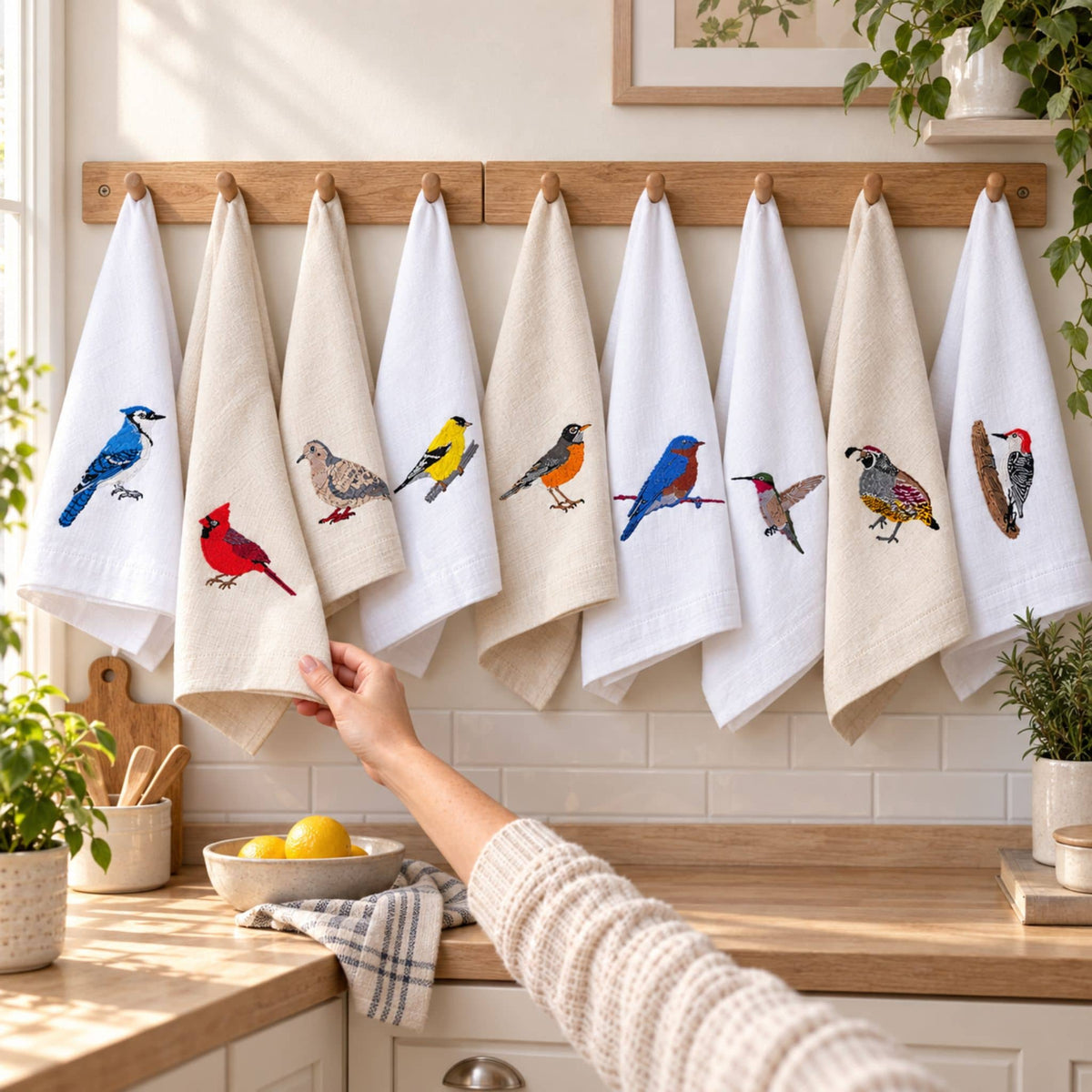 Bird Embroidered Tea Towel, Cardinal
