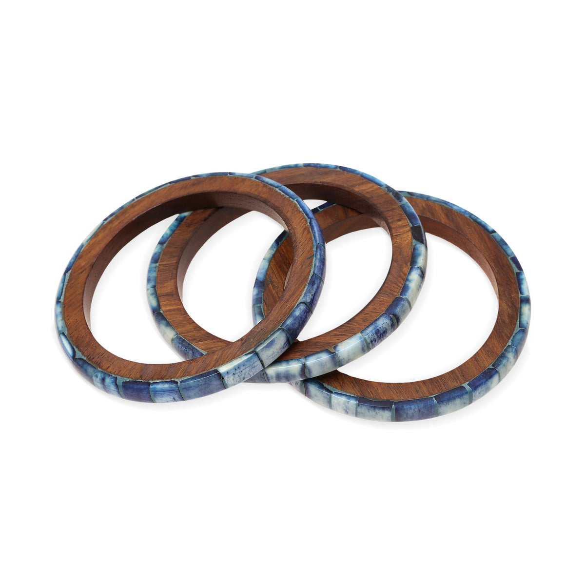 Blue Saga - a Set of Three Blue Bone and Mango Wood Bangle Bracelets