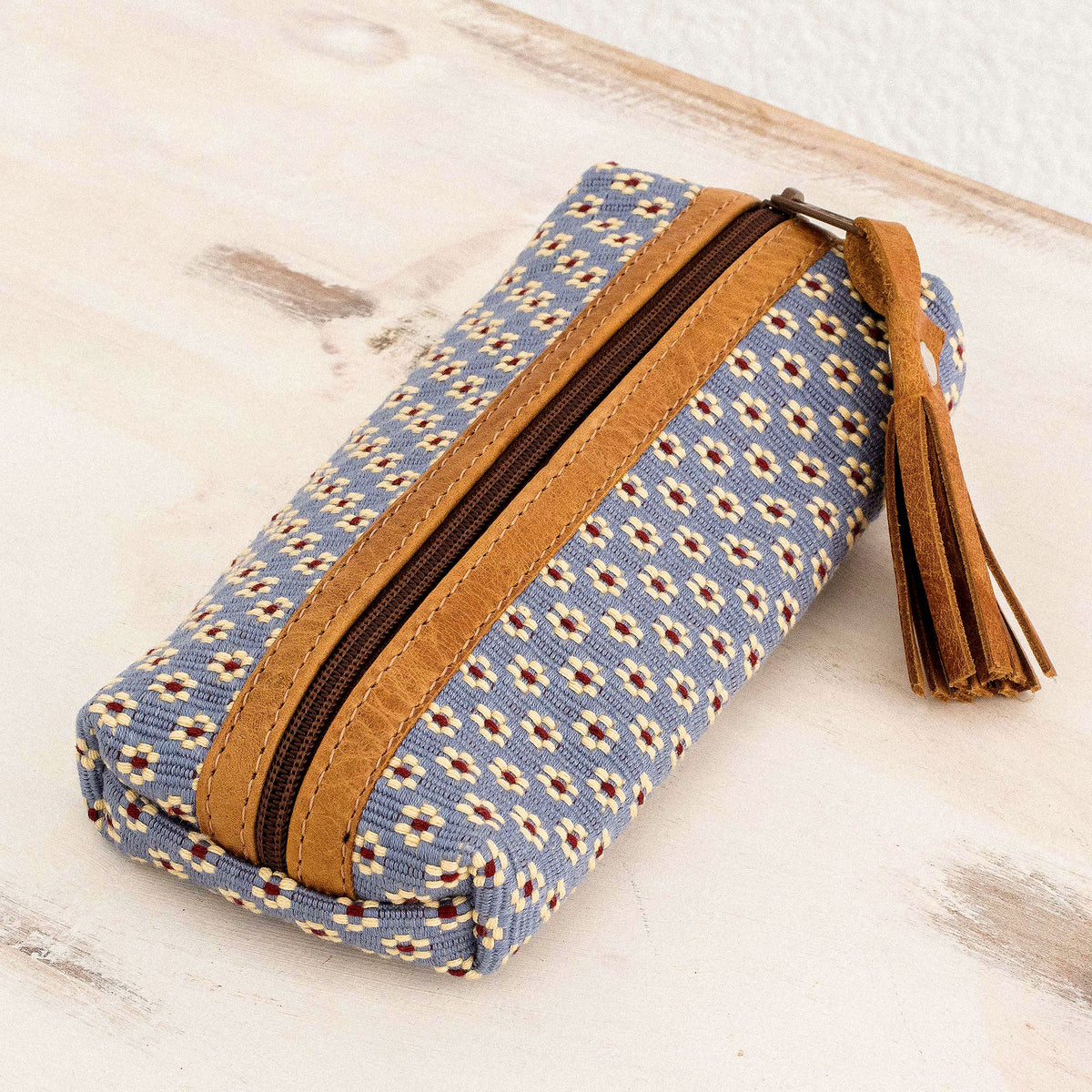 Blue Floral Pencil Case - Handcrafted by Guatemalan Artisans