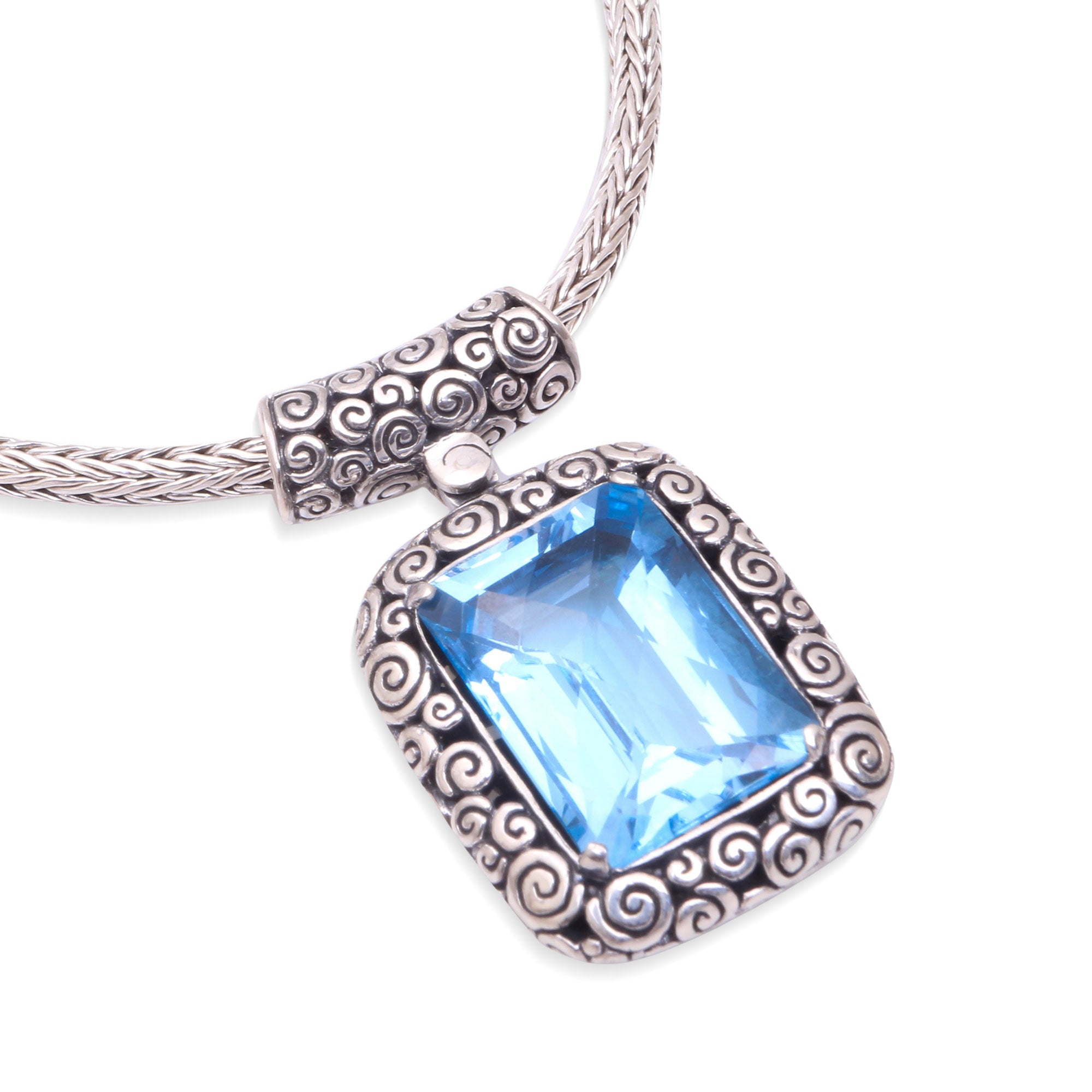 Details of the Buddha Curl Memories - a Blue Topaz and Sterling Silver Pendant Necklace from Bali