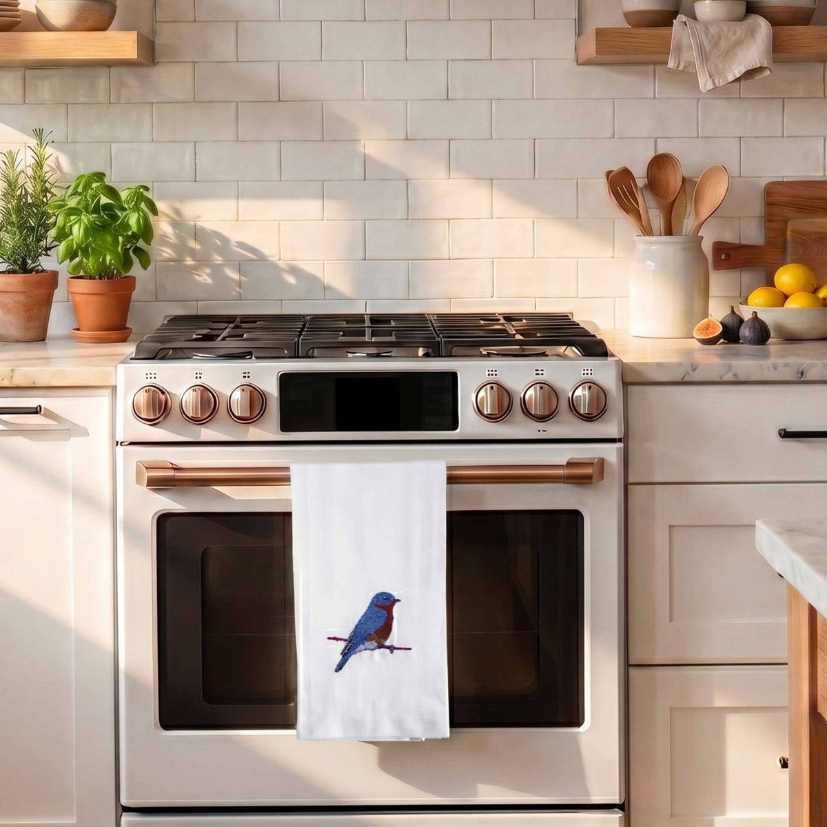 Bird Embroidered Tea Towel, Blue Bird