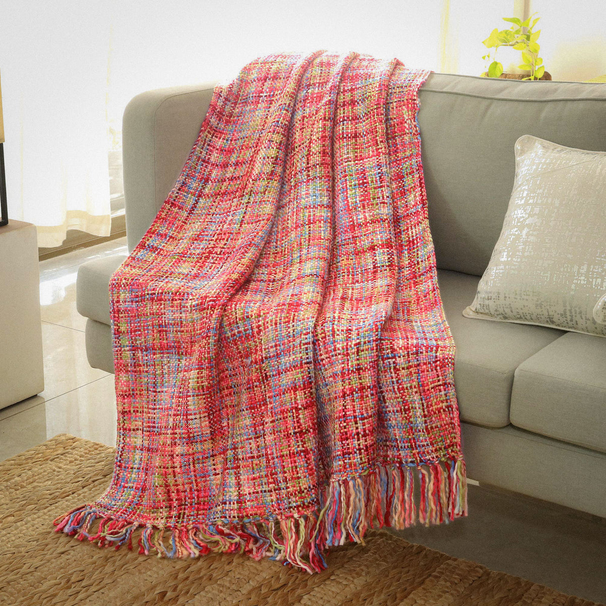 A Handmade Multicolored Throw Blanket with Fringe