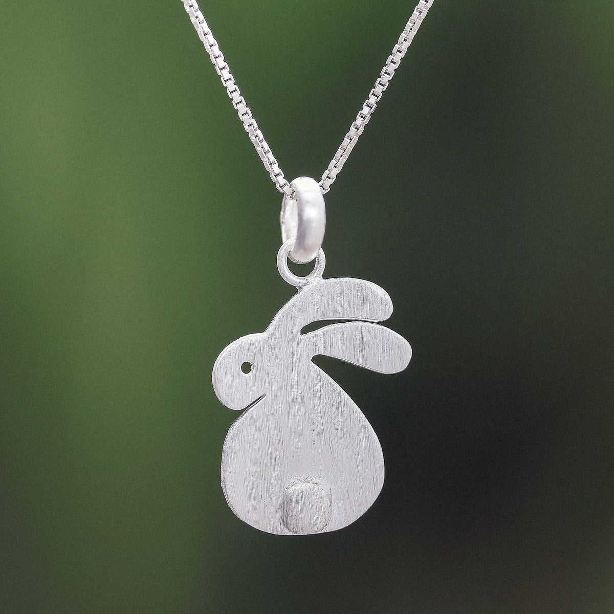 Brushed-Satin Sterling Silver Rabbit Pendant Necklace - Fluffy Rabbit