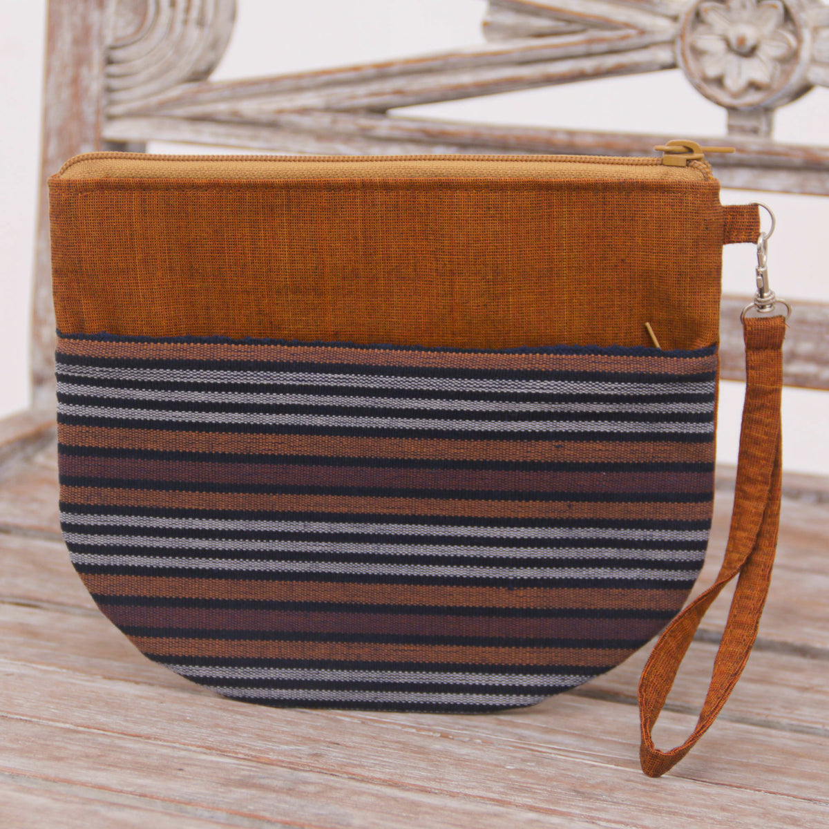 Striped Brown Clutch Exterior Pocket Wristlet - 100% Cotton