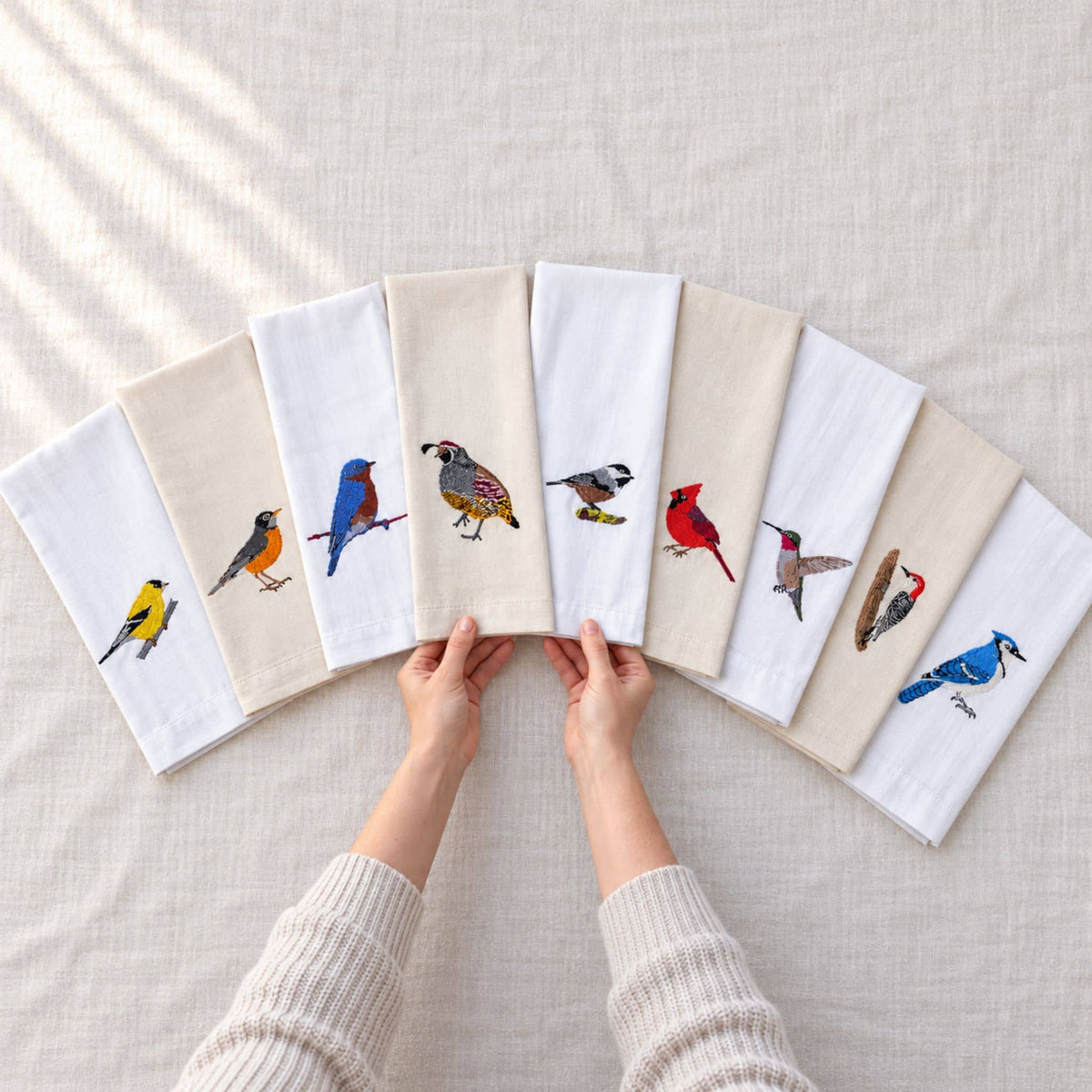 Bird Embroidered Tea Towel, Goldfinch