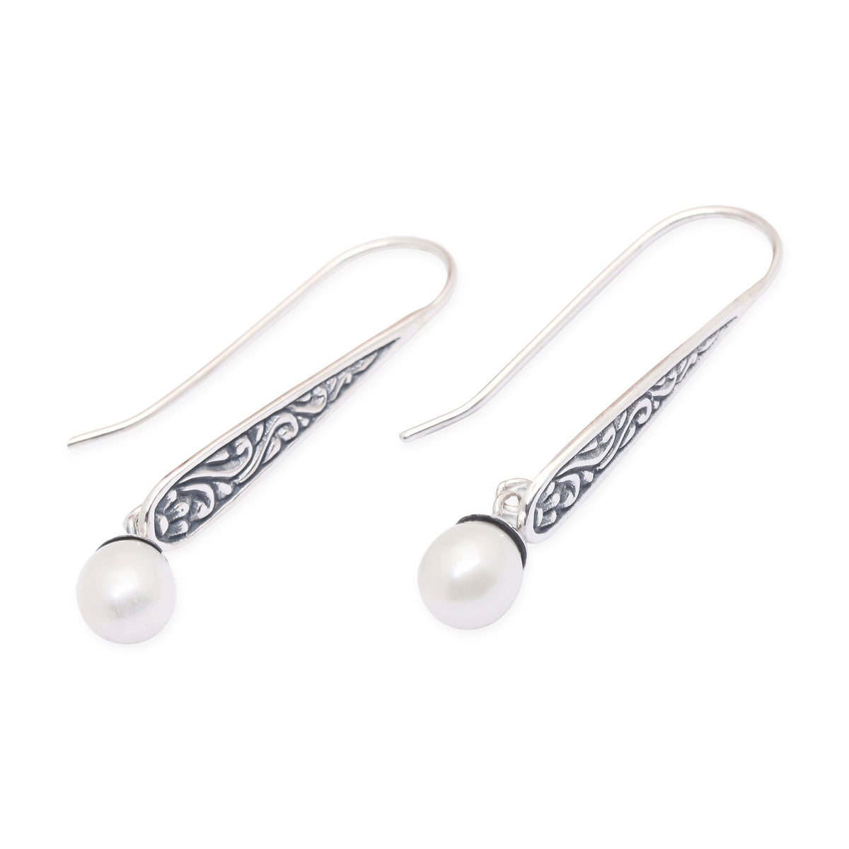 Cultured Pearl Spiral Motif Dangle Earrings from Bali - Rising Swirls