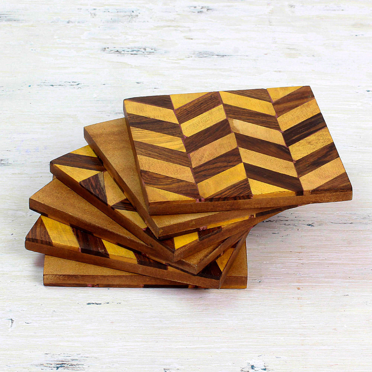 Set of Wooden Coasters with Diagonal Motif