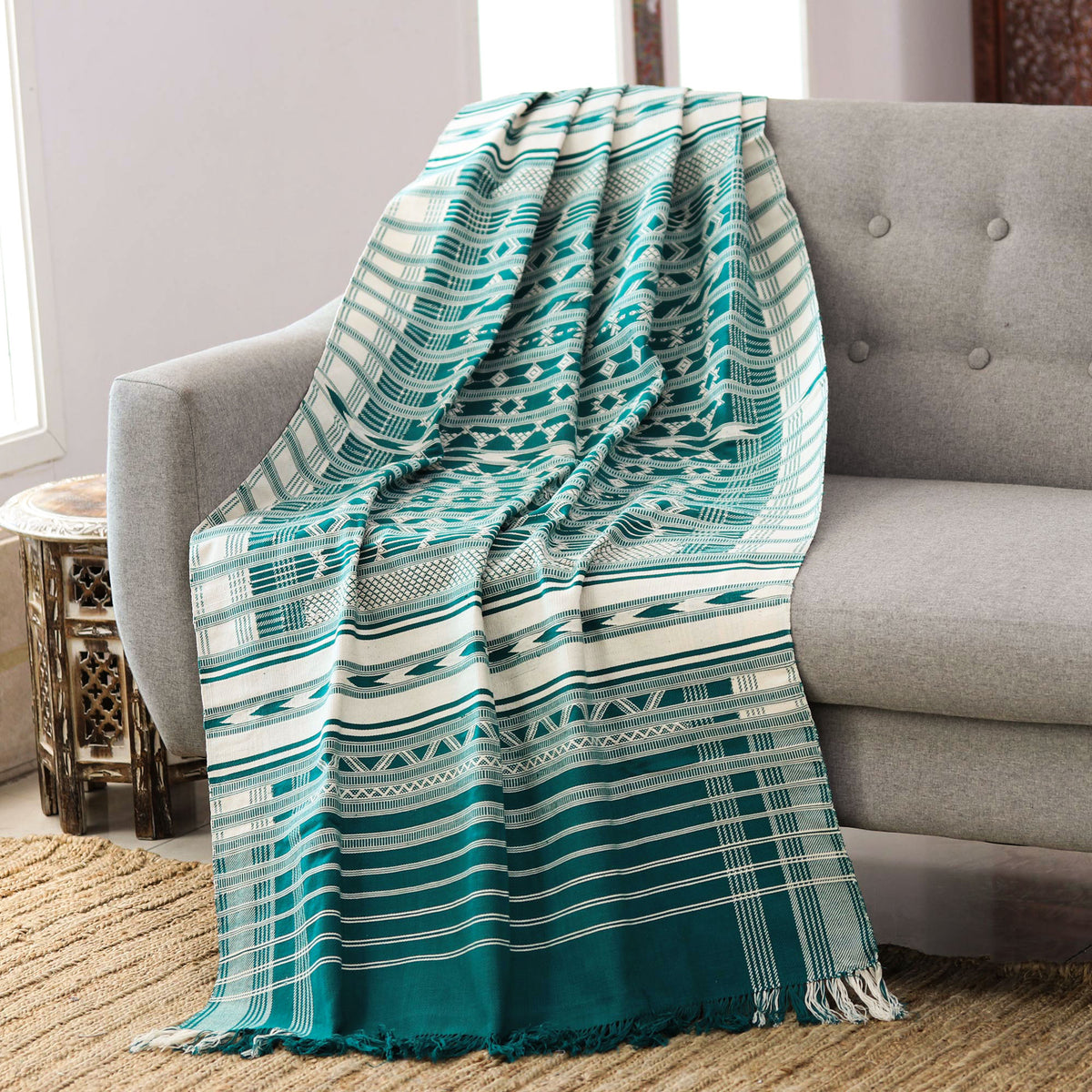 Cozy Cotton Throw Blanket with Geometric Pattern in Emerald and Alabaster