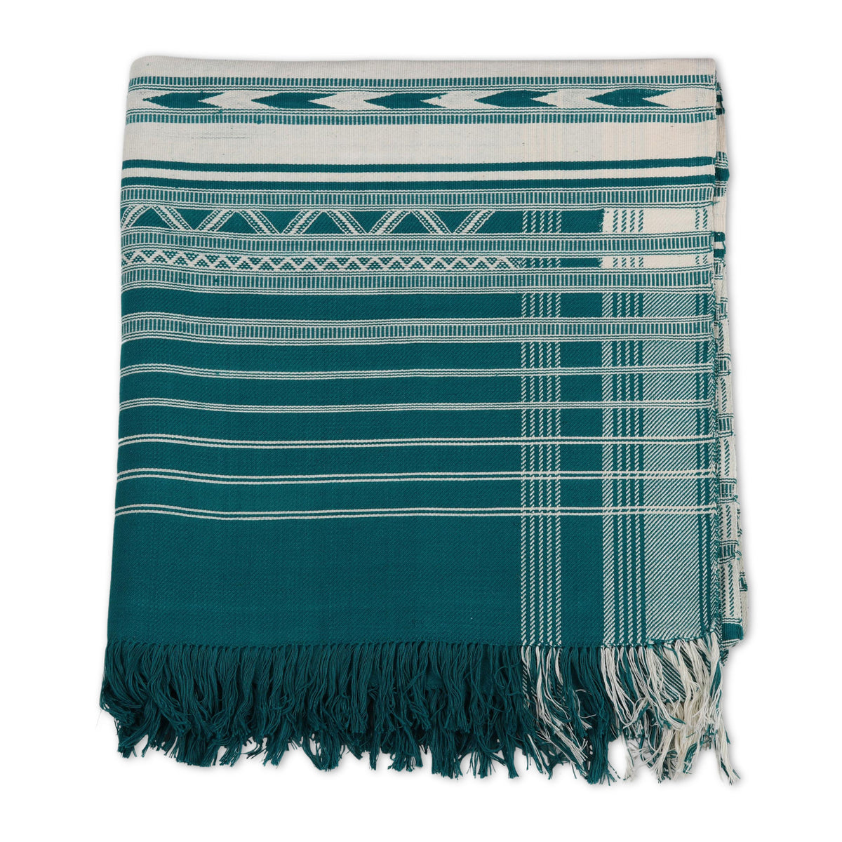 Cozy Cotton Throw Blanket with Geometric Pattern in Emerald and Alabaster