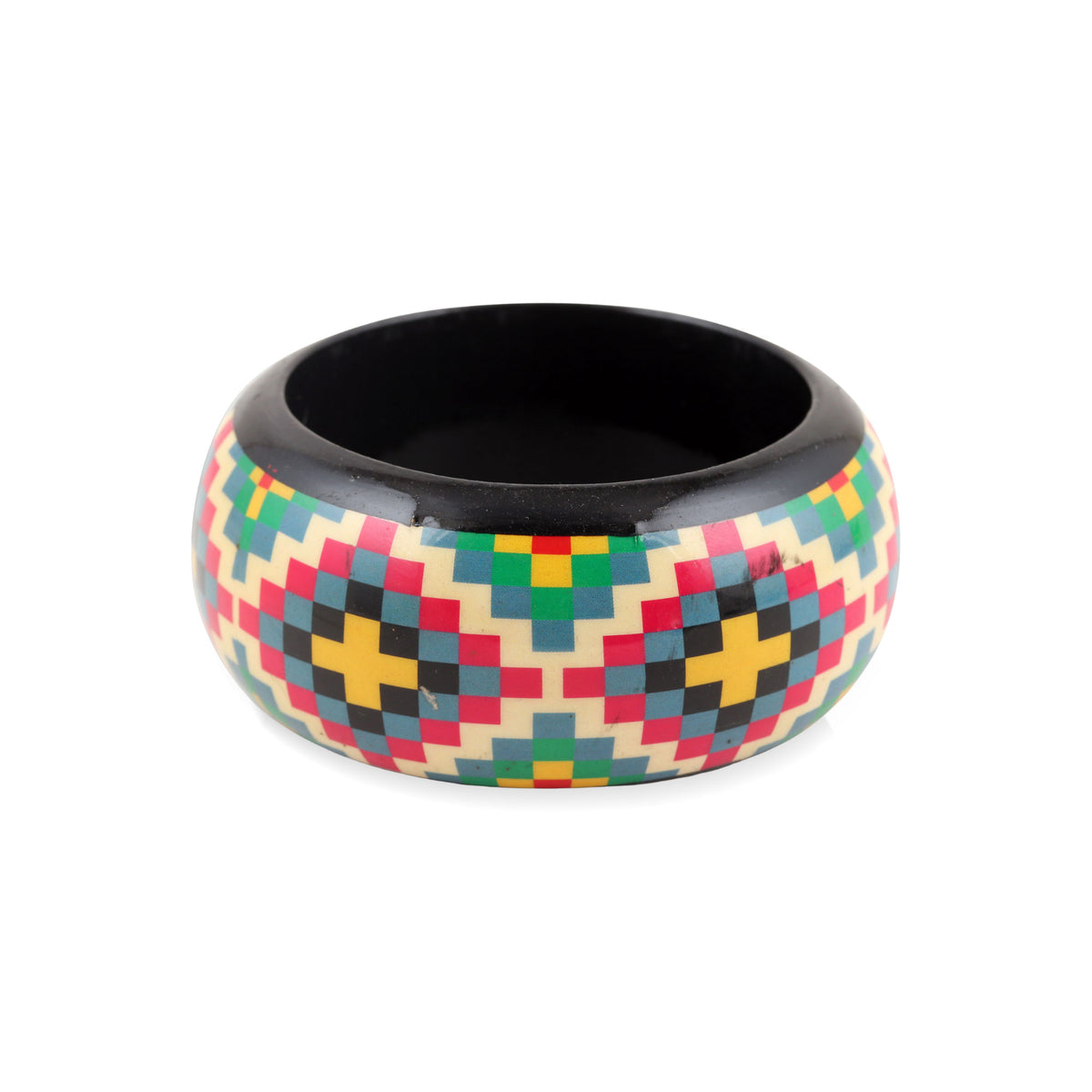 Checkered Stars - a Haldu Wood Bangle Bracelet with Colorful Printed Pattern
