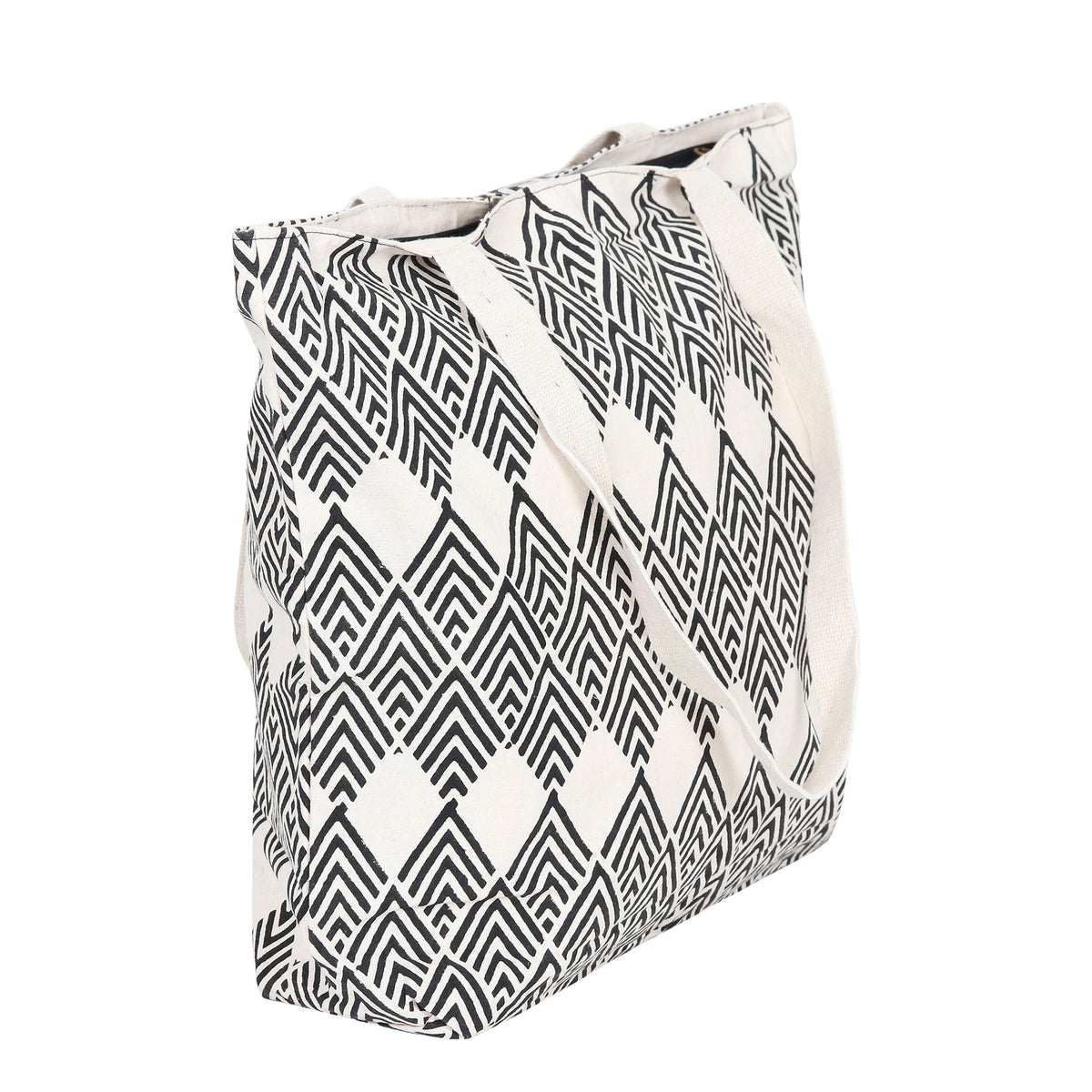 Cotton Tote Bag with Block-Printed Black Diamonds