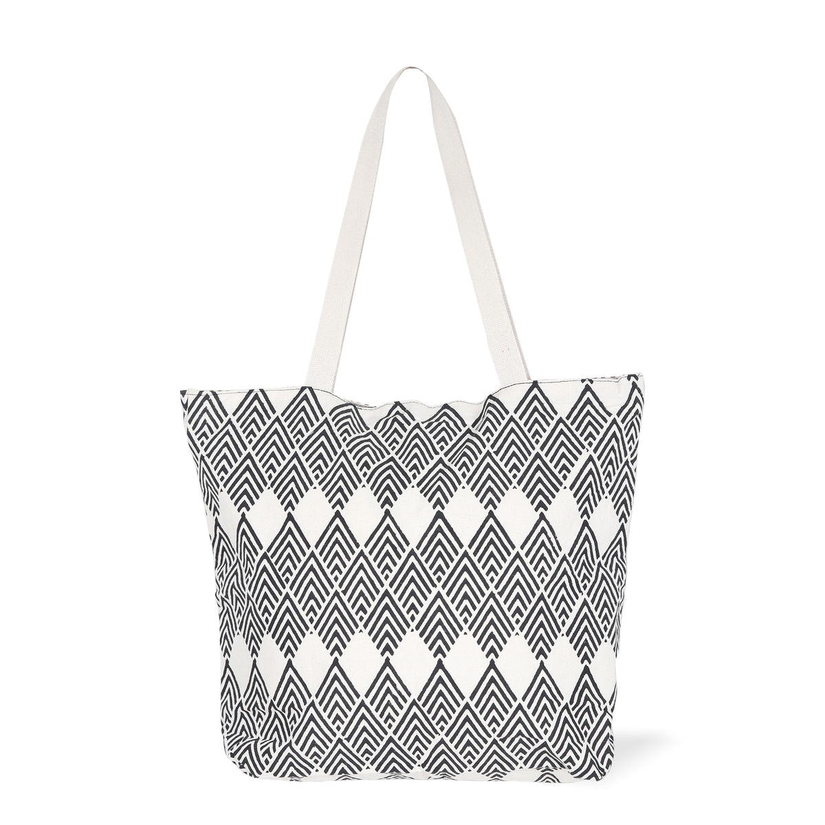 Cotton Tote Bag with Block-Printed Black Diamonds