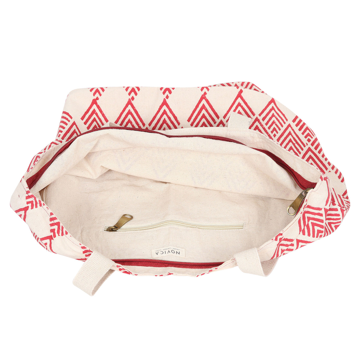 Cotton Tote Bag with Crimson Block-Printed Diamonds