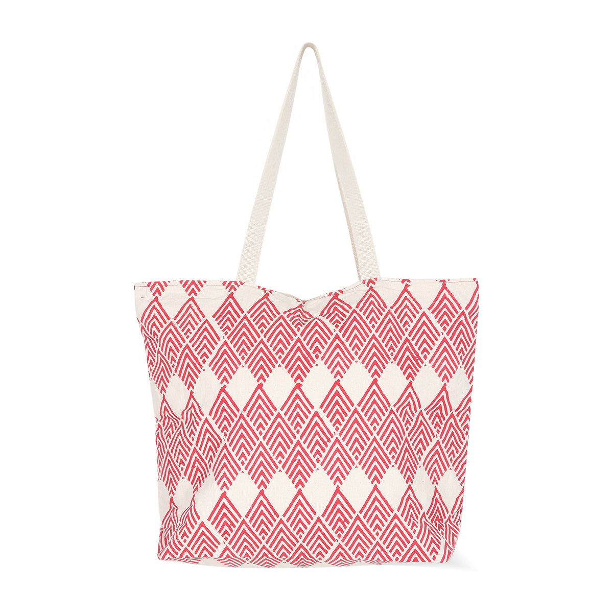 Cotton Tote Bag with Crimson Block-Printed Diamonds