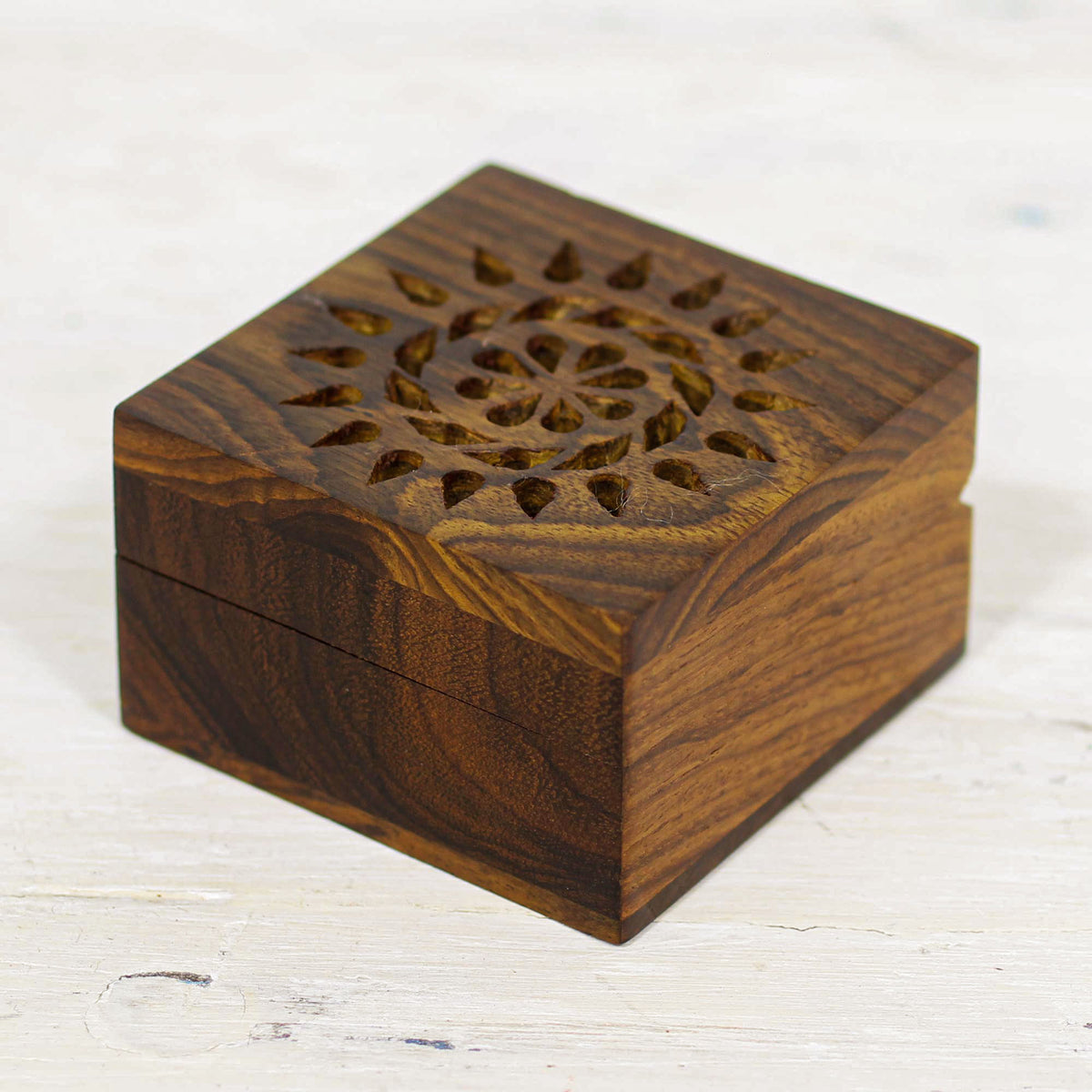 Glorious Flower - a Hand Carved Decorative Mango Wood Box from India