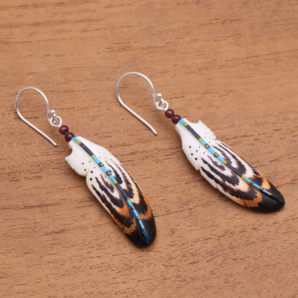 Hand-Painted Garnet Accent Feather Dangle Earrings - Antique Feathers
