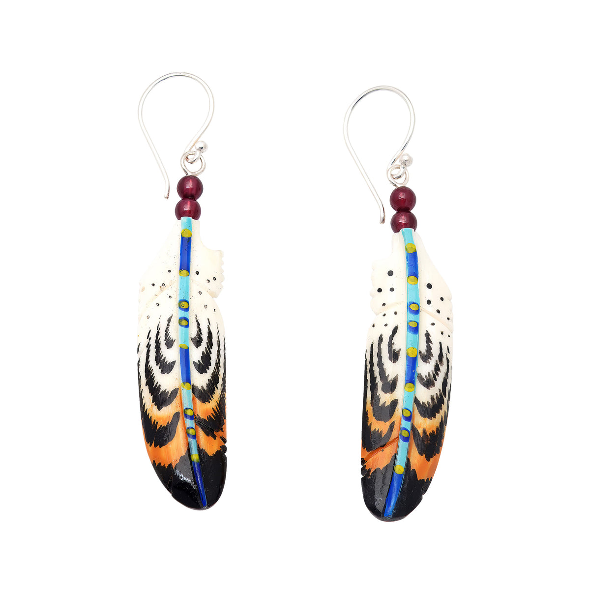 Hand-Painted Garnet Accent Feather Dangle Earrings - Antique Feathers