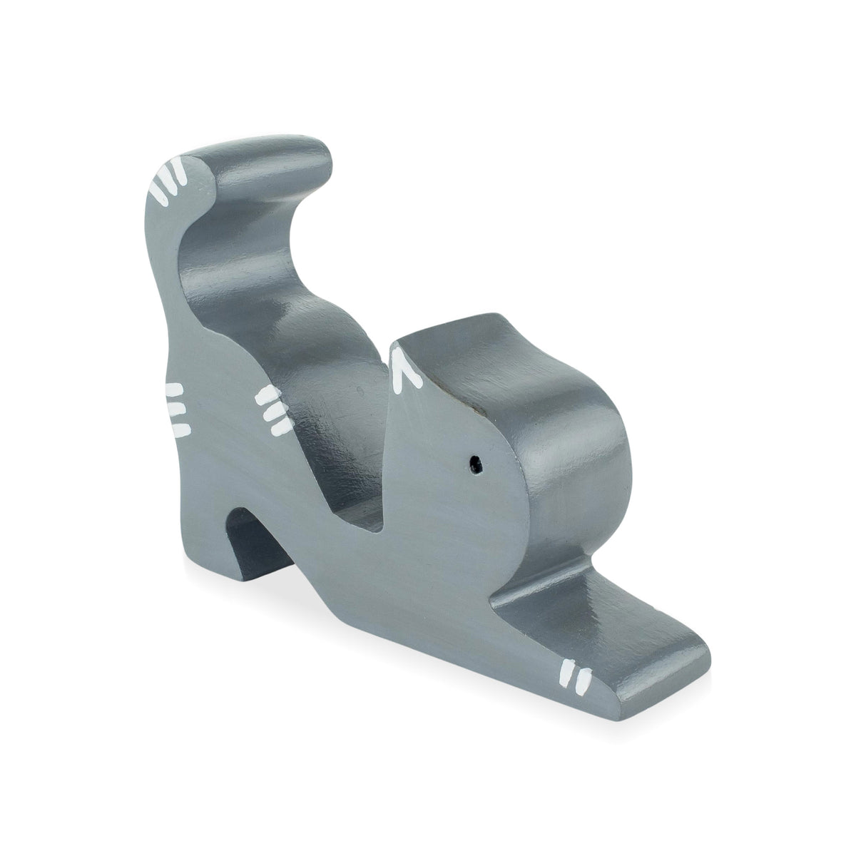 Stretching Cat - Hand-carved Grey Wood Cat Phone Holder