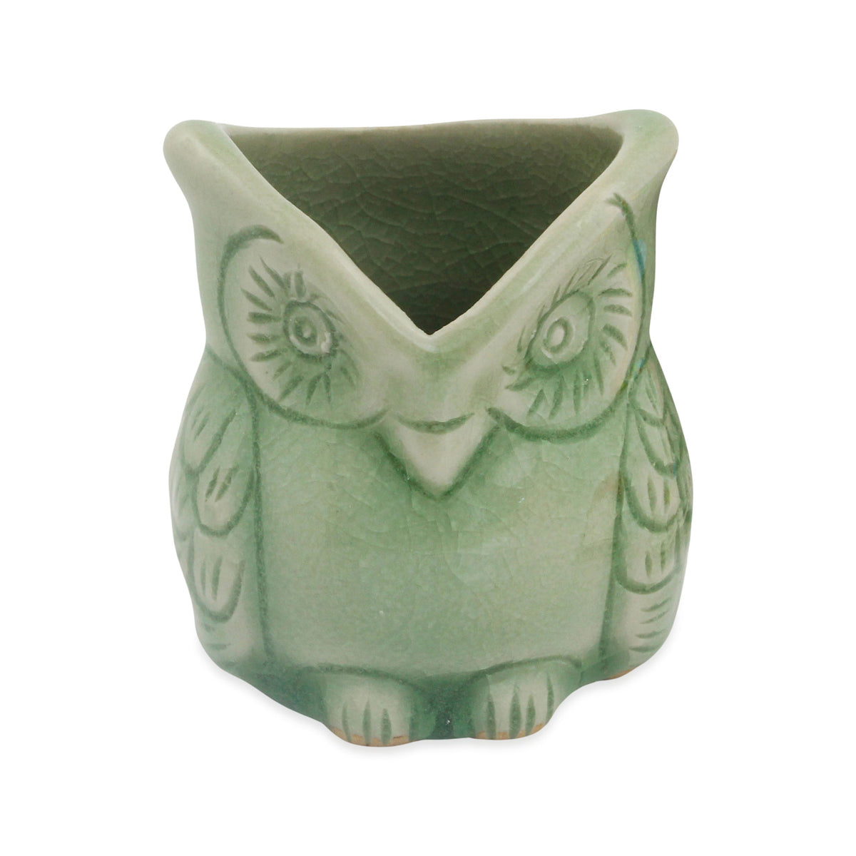 Handcrafted Green Thai Celadon Bird Theme Pot - Happy Green Owl