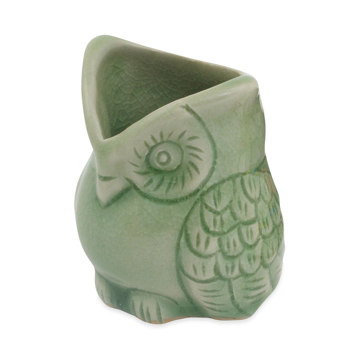 Handcrafted Green Thai Celadon Bird Theme Pot - Happy Green Owl