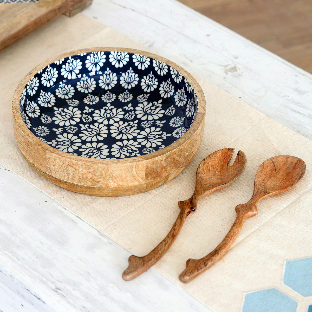Set of Handcrafted Wooden Salad Bowl with Servers