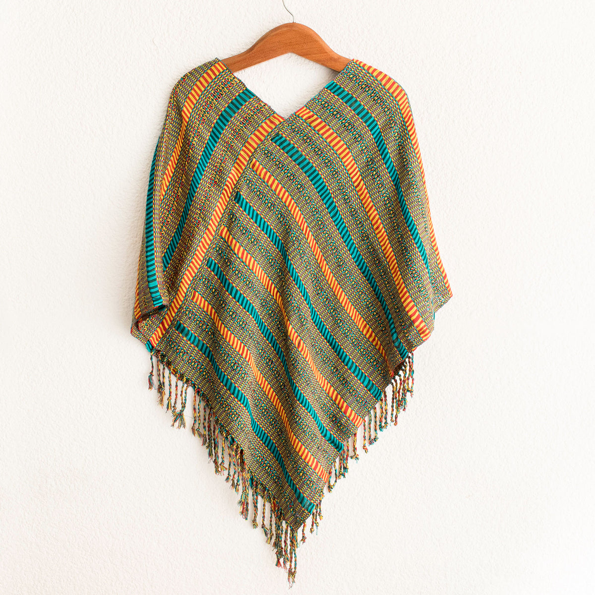 Beach Stripes - Handwoven Striped Cotton Poncho from Guatemala