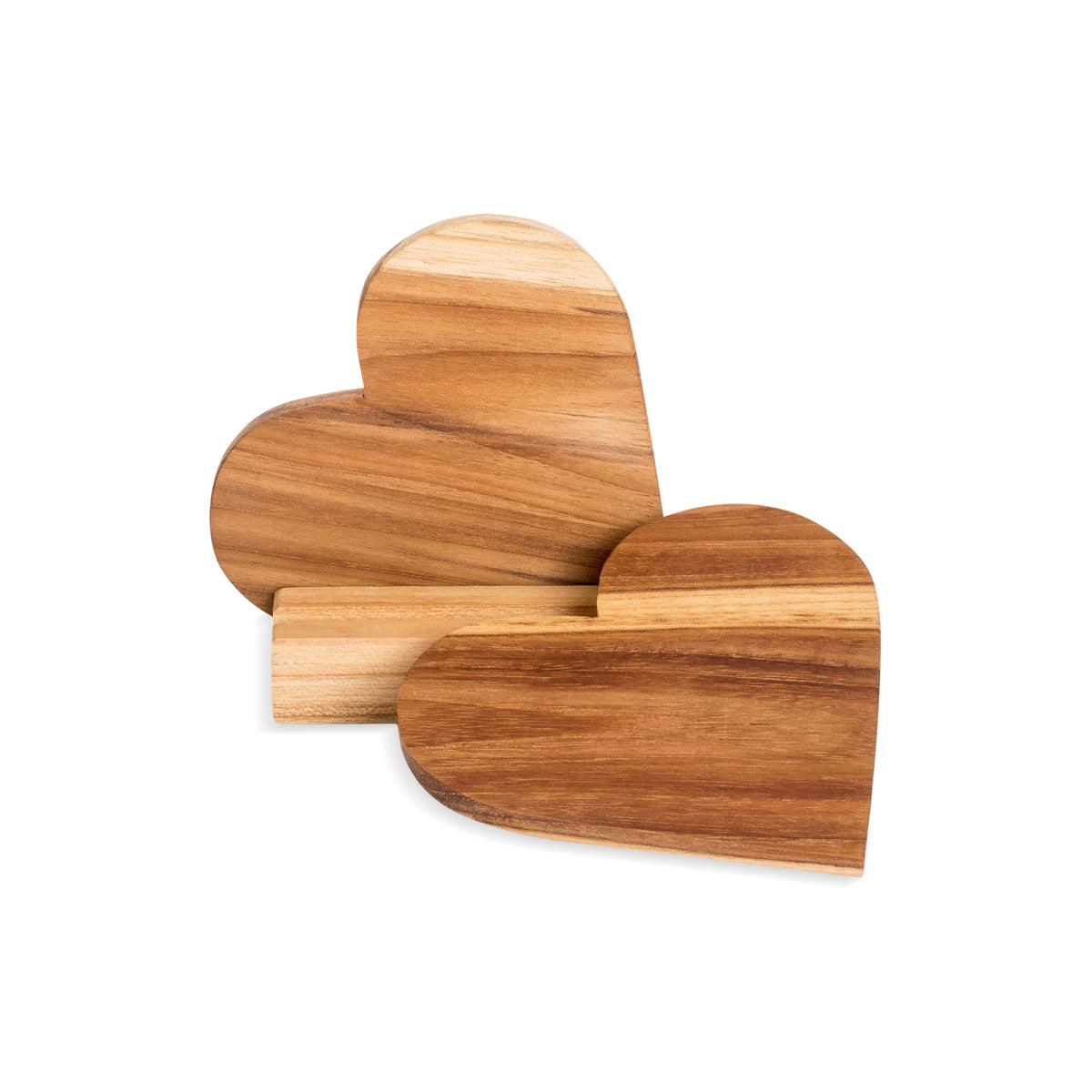 Love Elixir - a 3-Piece Set of Heart-Shaped Teak Wood Coasters with Base