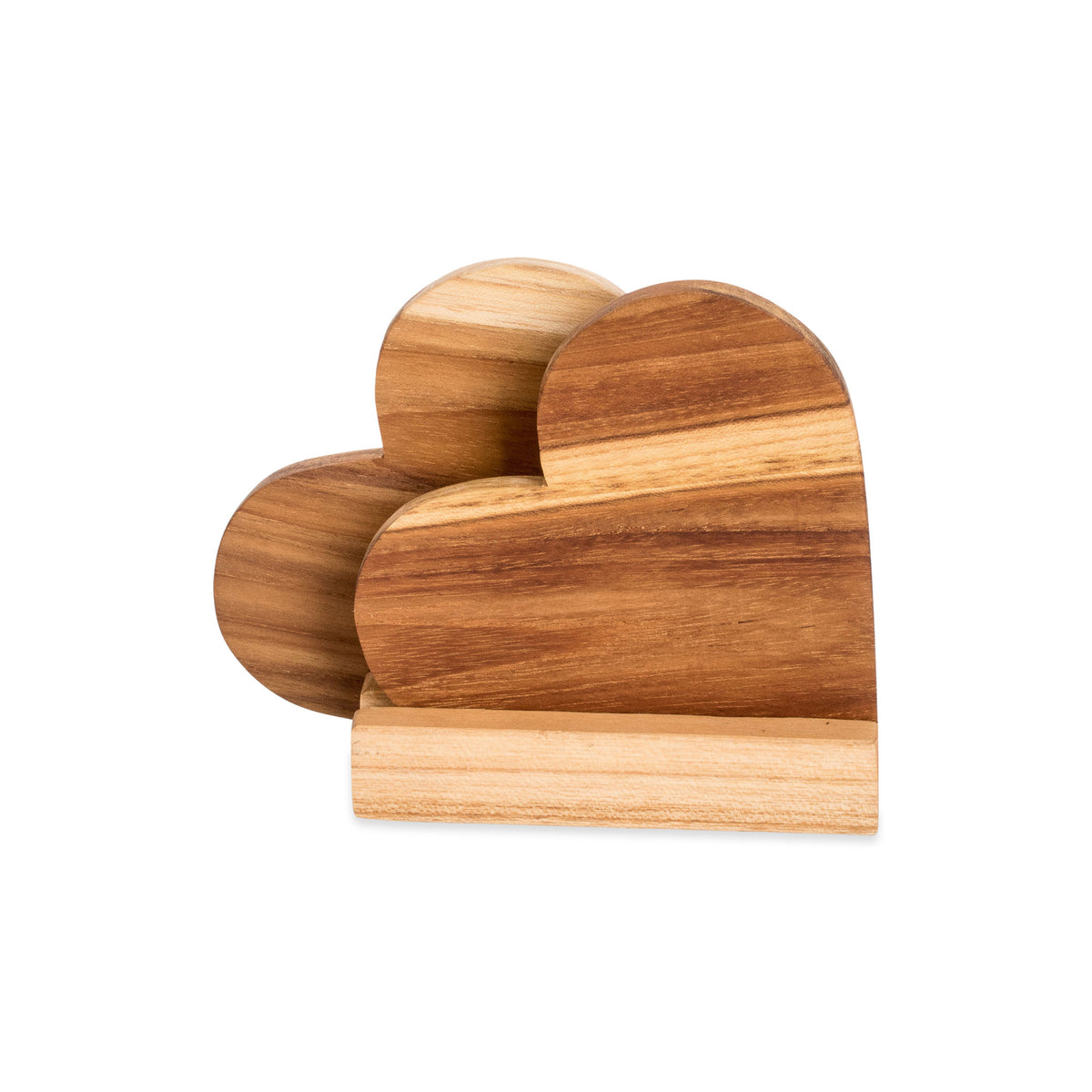 Love Elixir - a 3-Piece Set of Heart-Shaped Teak Wood Coasters with Base