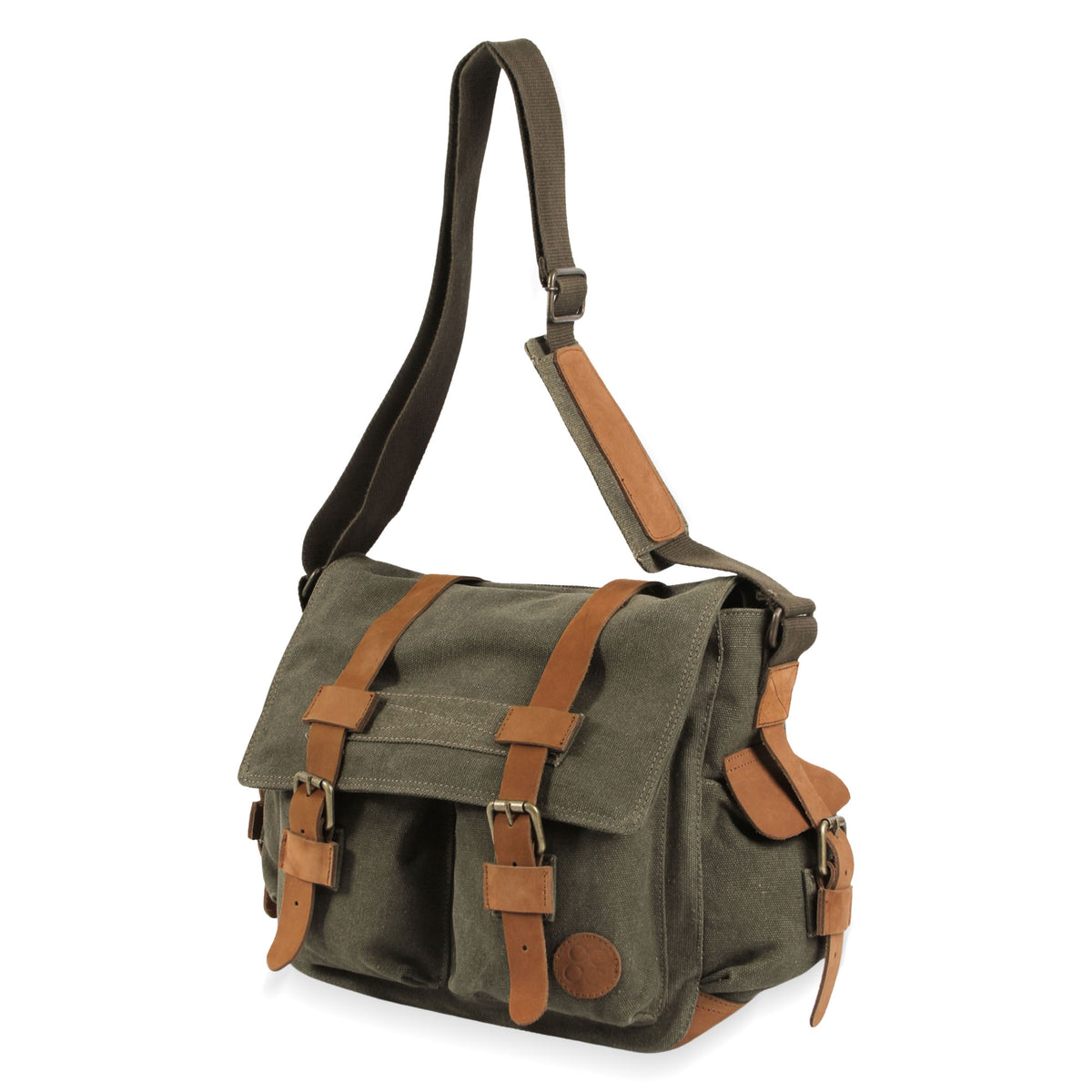 Leather Accent Roomy Canvas Messenger Bag in Green