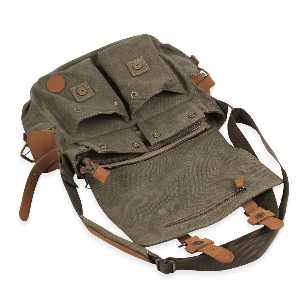 Leather Accent Roomy Canvas Messenger Bag in Green