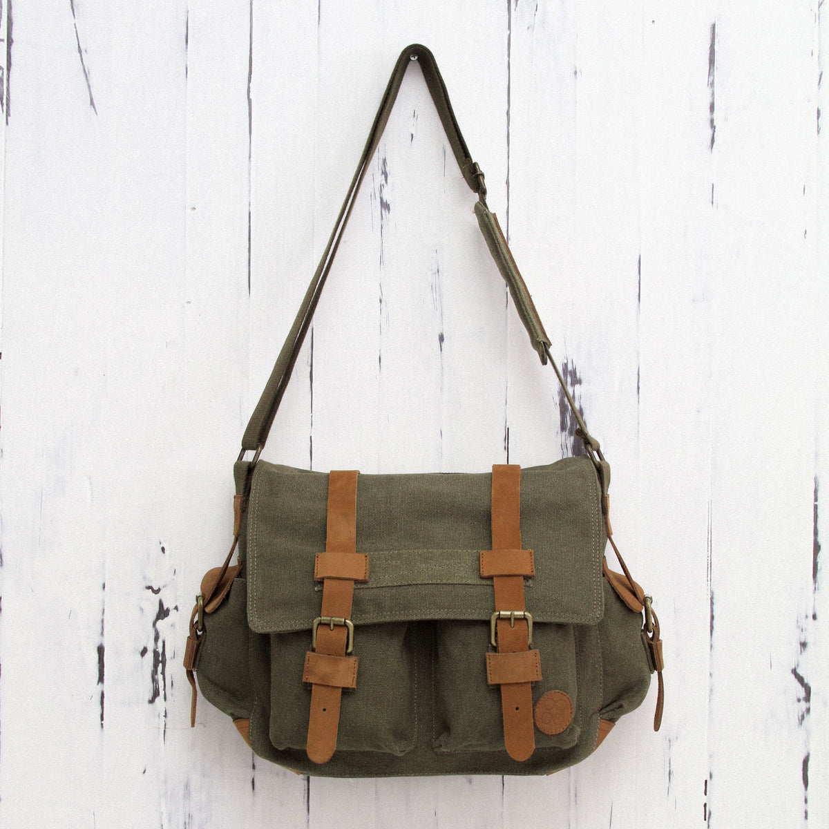 Leather Accent Roomy Canvas Messenger Bag in Green