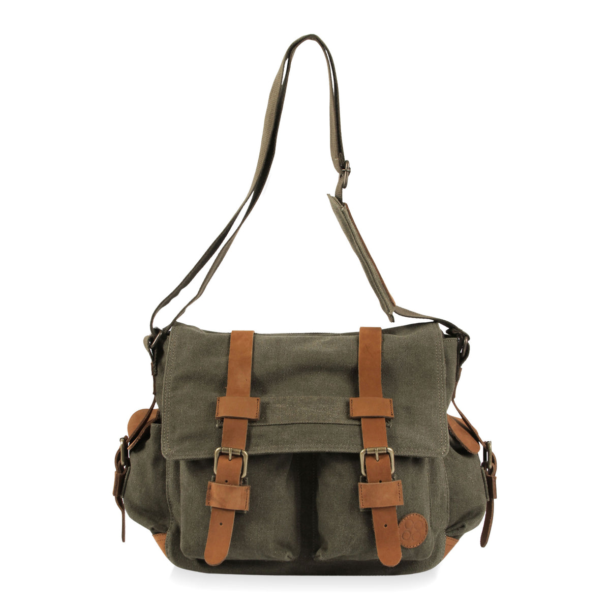 Leather Accent Roomy Canvas Messenger Bag in Green