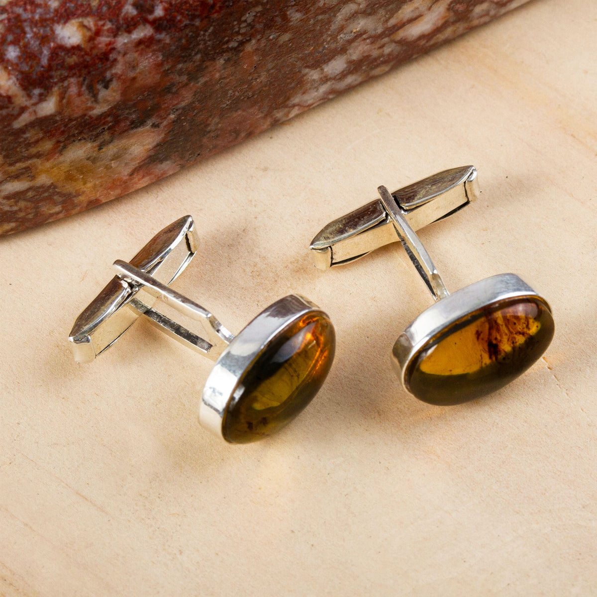 Amber Harmony - Men's Sterling Silver and Amber Oval Cufflinks