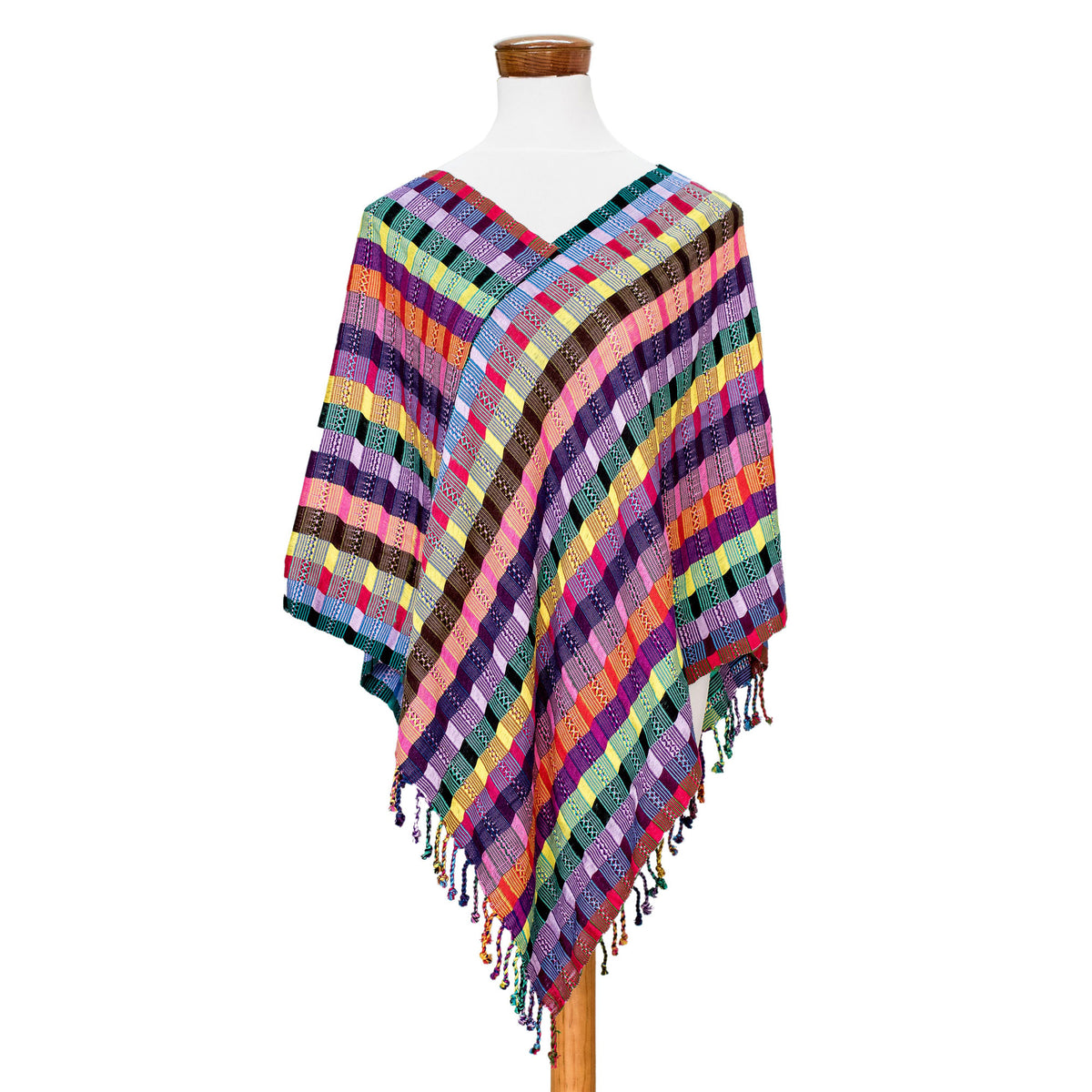 San Juan Fiesta - a Vibrant and Multicolored Cotton Poncho from Guatemala