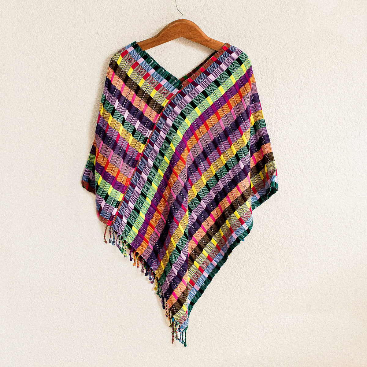 San Juan Fiesta - a Vibrant and Multicolored Cotton Poncho from Guatemala