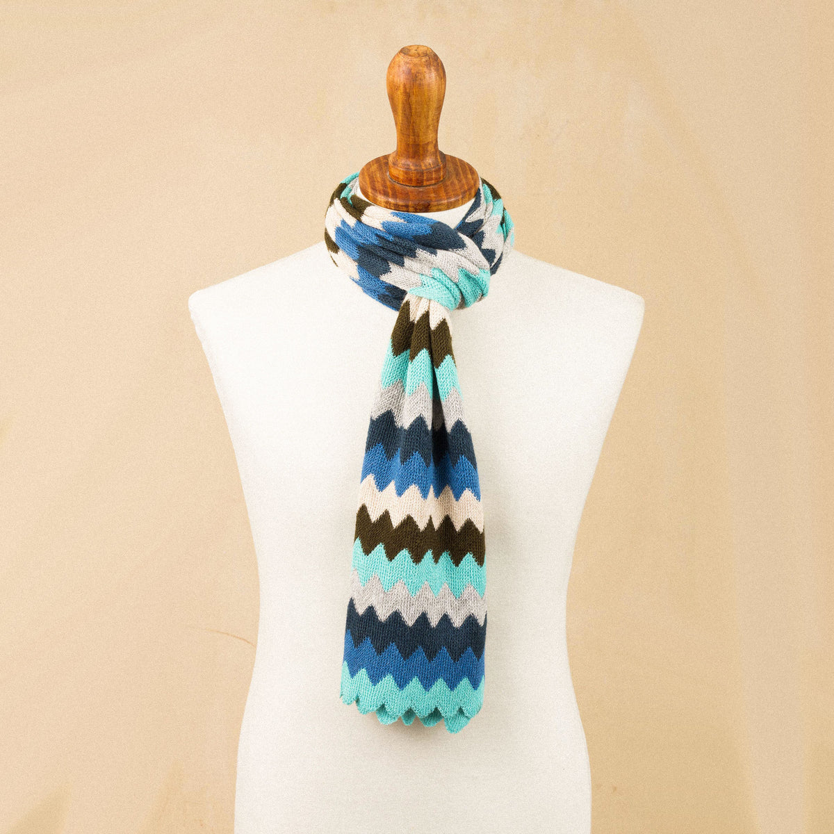 Oceanic Zigzag Pattern Alpaca Blend Wrap Scarf from Peru