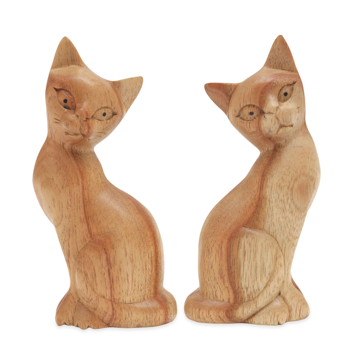 Feline Twins - a Pair of Jempinis Wood Cat Sculptures in Natural Brown