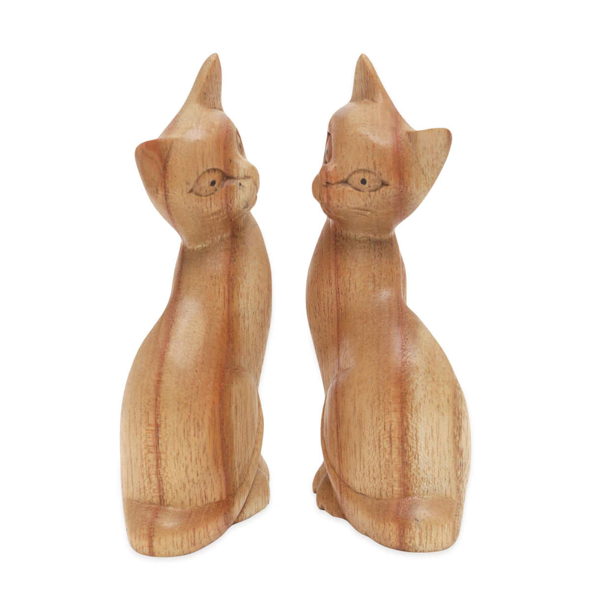 Feline Twins - a Pair of Jempinis Wood Cat Sculptures in Natural Brown