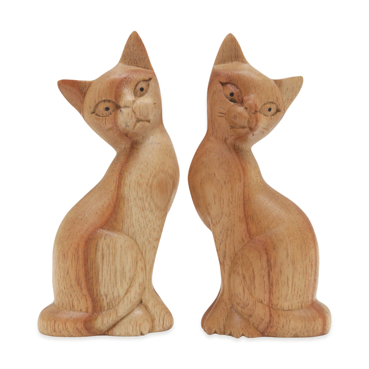 Feline Twins - a Pair of Jempinis Wood Cat Sculptures in Natural Brown
