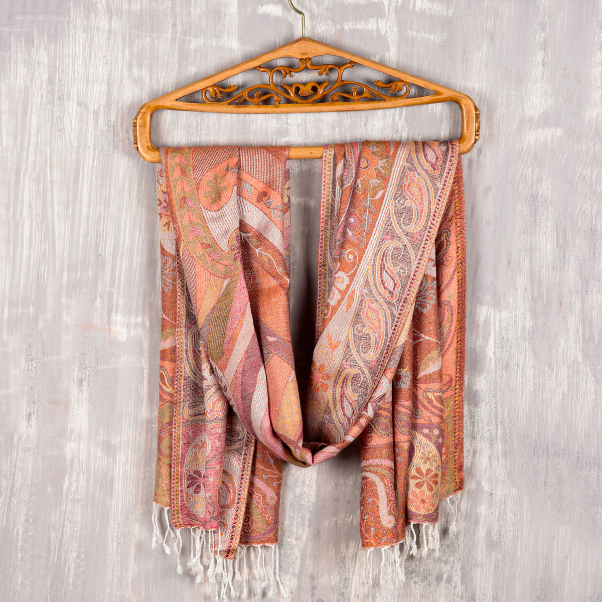 Paisley and Floral Jacquard Woven Shawl in Melon and Rose