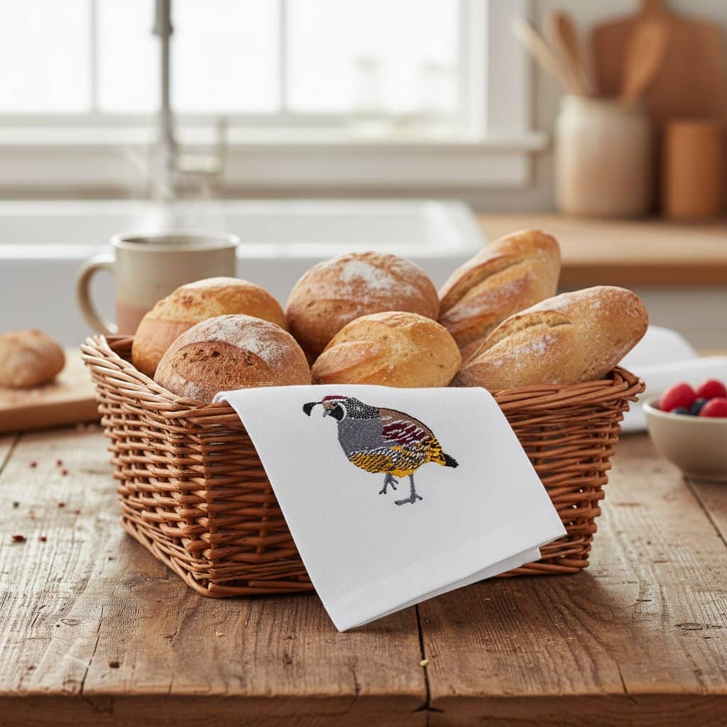 Bird Embroidered Tea Towel, Quail